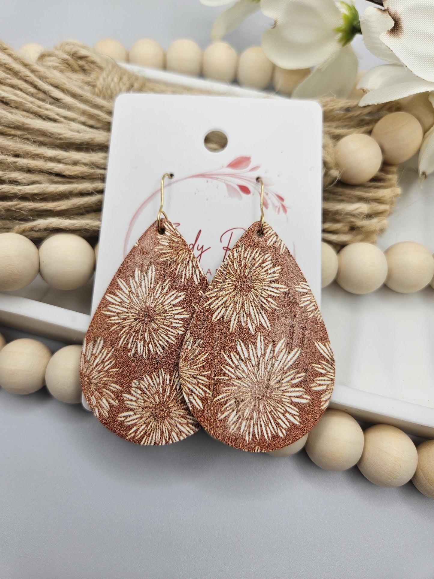 Large Fall Floral Cork Teardrop Earrings Backed with Genuine Leather