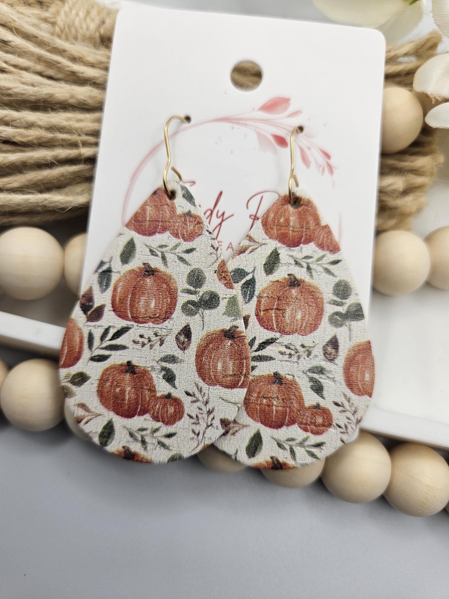 Large Pumpkin Cork Teardrop Earrings Backed with Genuine Leather