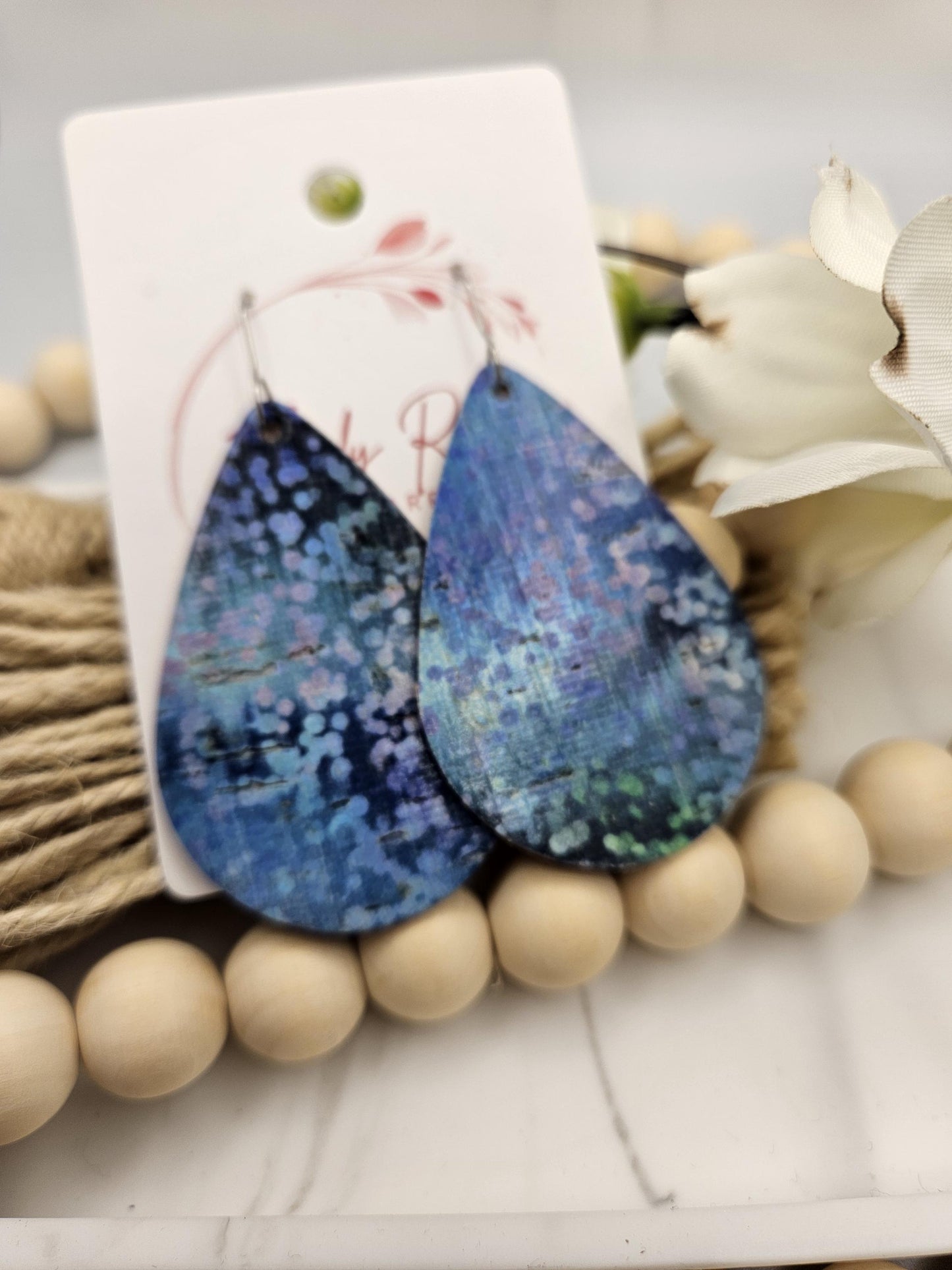 Large Blue Spotted Cork Teardrop Earrings Backed with Genuine Leather