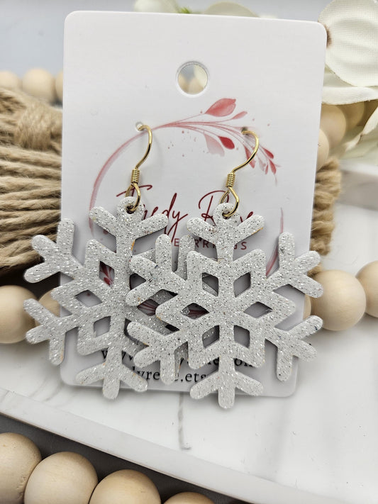 Iridescent White Glitter Snowflake Earrings with GenuineLeatherBacking- Handmade Lightweight- Trendy Winter Jewelry for Women