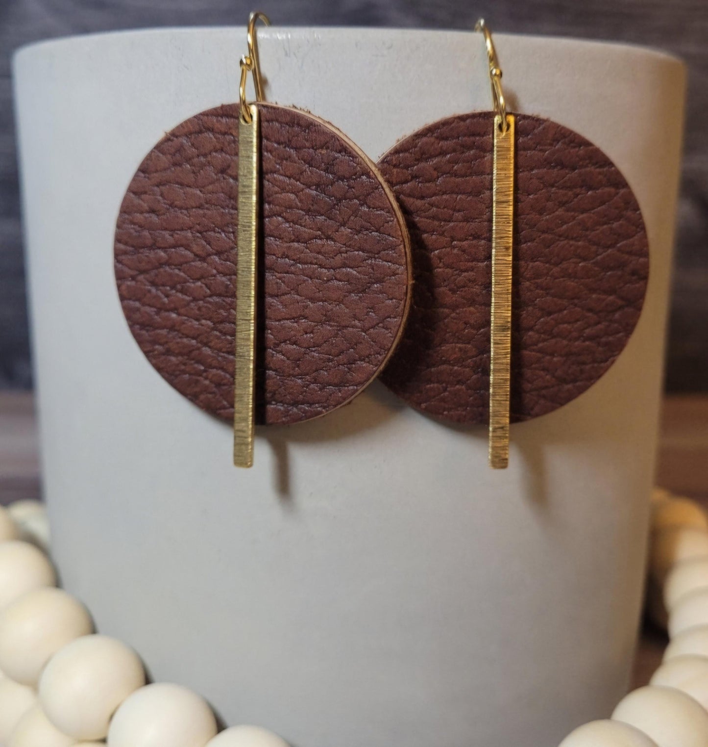 Brown Genuine Leather Circle Earrings with Gold Brass Embellished Bars