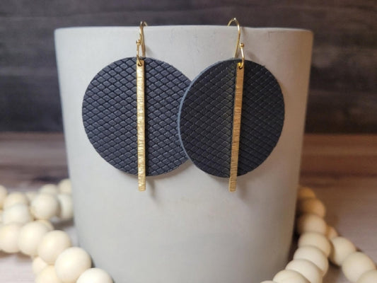 Handmade Black Patterned Genuine Leather Earrings with Gold Colored Brass Bars