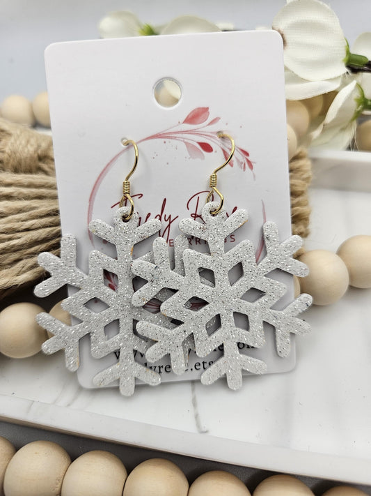 Iridescent White Glitter Snowflake Earrings with GenuineLeatherBacking- Handmade Lightweight- Trendy Winter Jewelry for Women