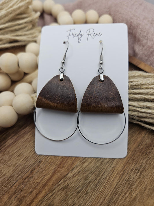 Brown Leather Dangle Earrings: Silver Circle Accent, Boho Style, Handmade