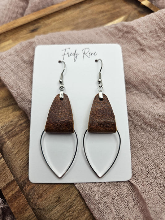 Brown Leather & Metal Teardrop Earrings