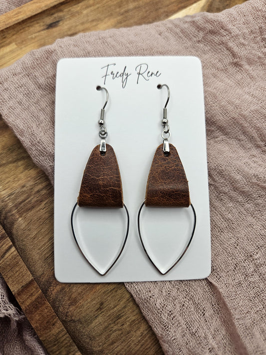 Brown Leather & Metal Teardrop Earrings