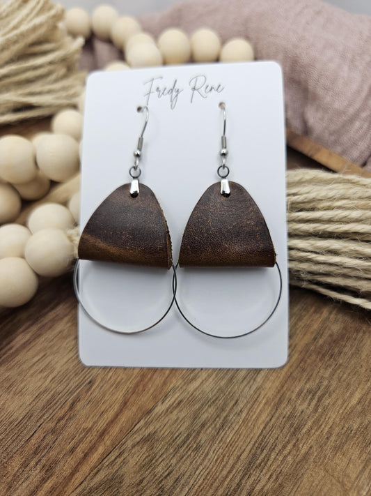 Brown Leather Dangle Earrings: Silver Circle Accent, Boho Style, Handmade