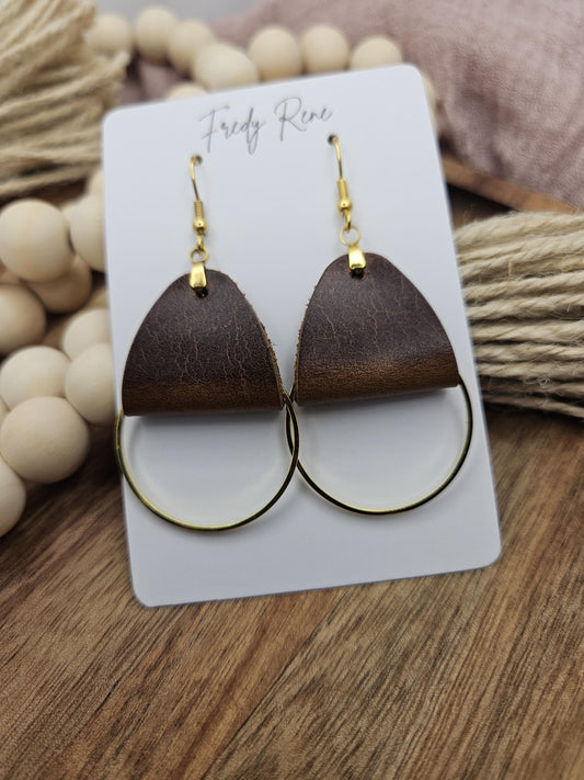 Brown Leather Dangle Earrings: Gold Circle Accent, Boho Style