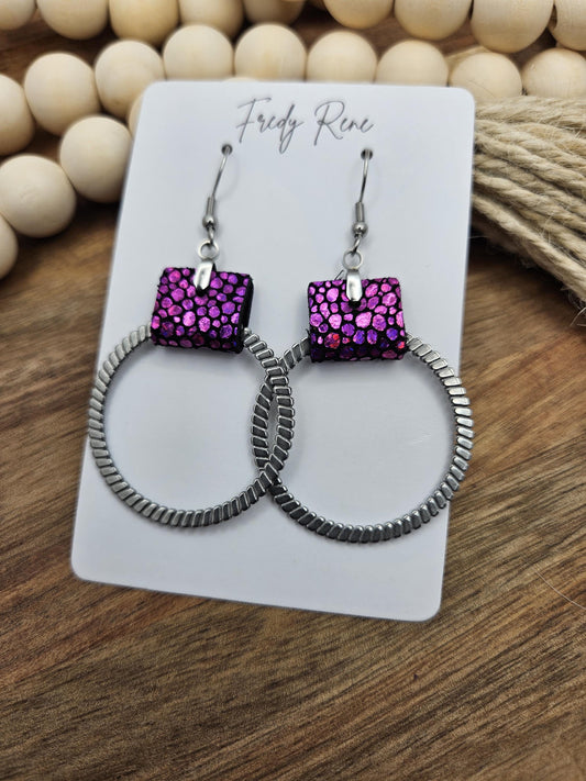 Handmade Fuchsia Pink Metallic Leather Earrings with Textured Metal Circle Detail