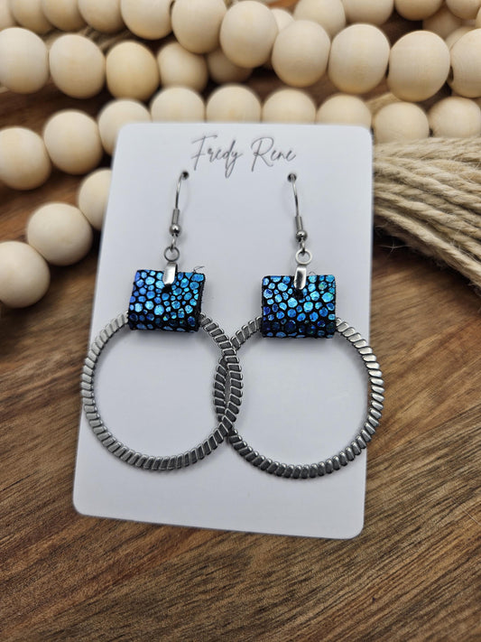 Turquoise Metallic Genuine Leather Earrings with Textured Metal Circle Detail