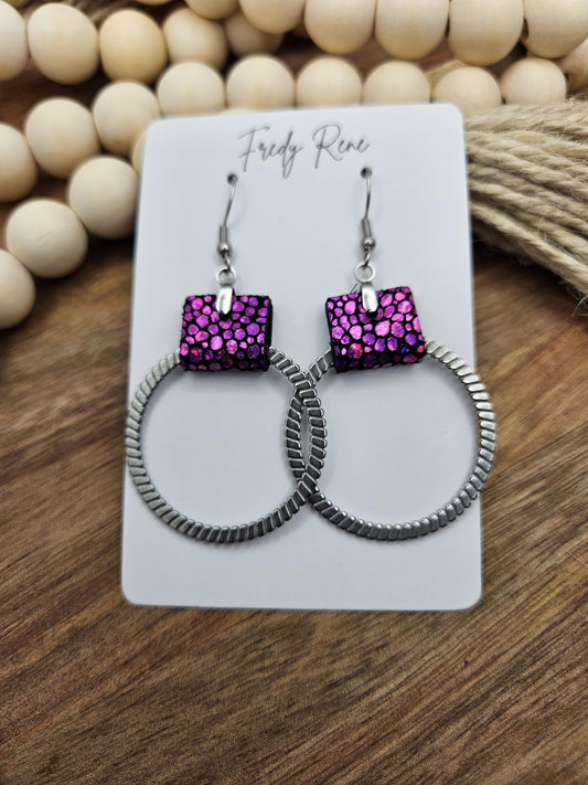 Handmade Fuchsia Pink Metallic Leather Earrings with Textured Metal Circle Detail