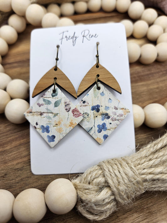 Handcrafted Floral Cork Earrings with Genuine Leather Backing and Wood Accent