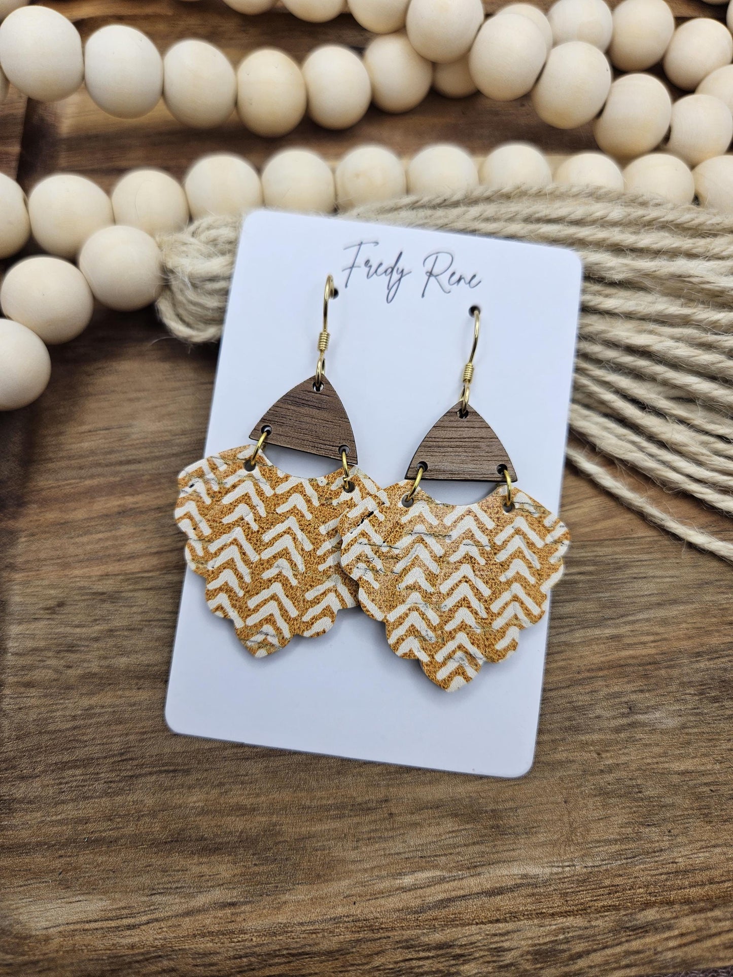 Handcrafted Mustard Chevron Scalloped Cork Earrings with Genuine Leather Backing and Wood Accent