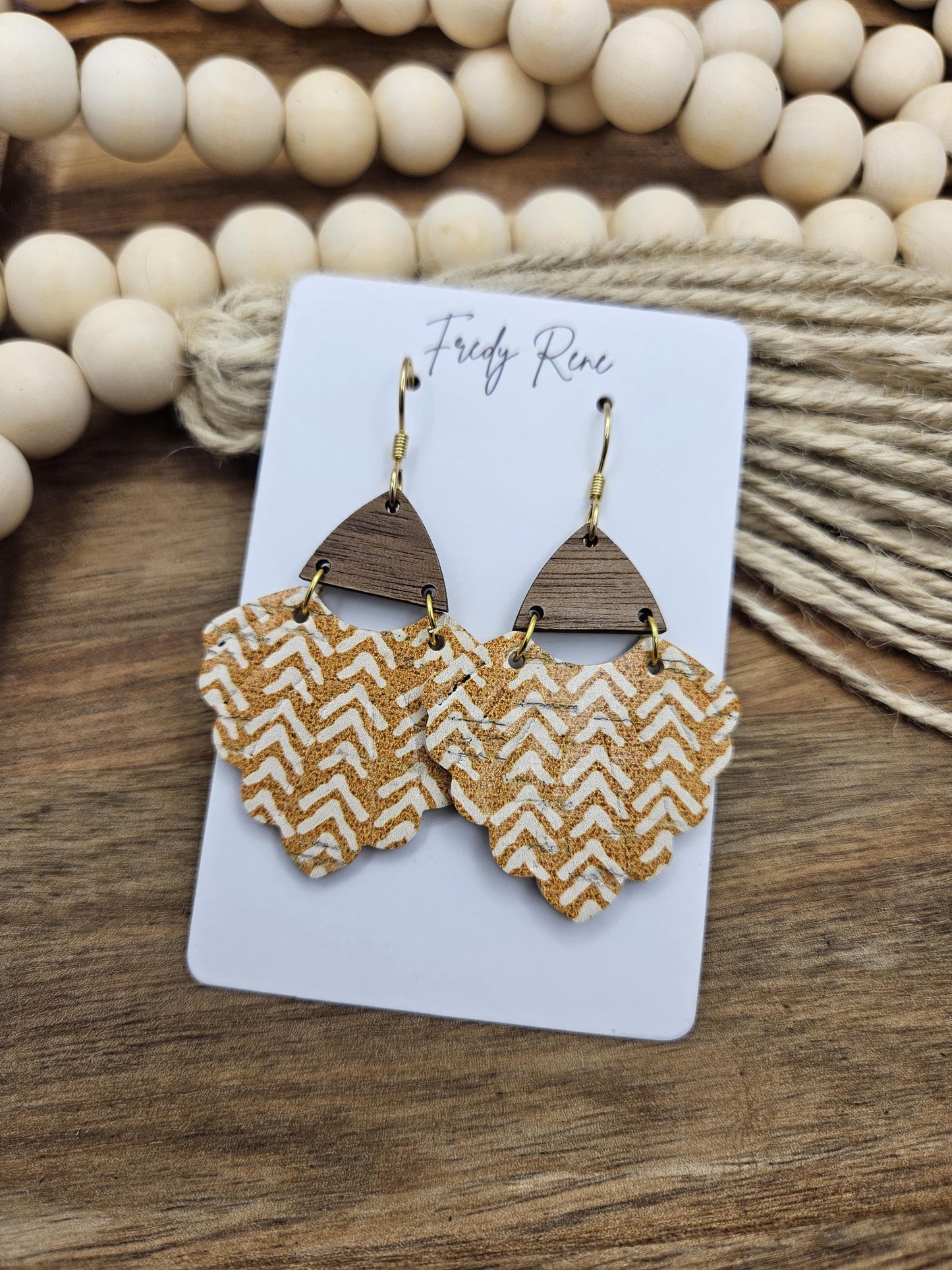 Handcrafted Mustard Chevron Scalloped Cork Earrings with Genuine Leather Backing and Wood Accent