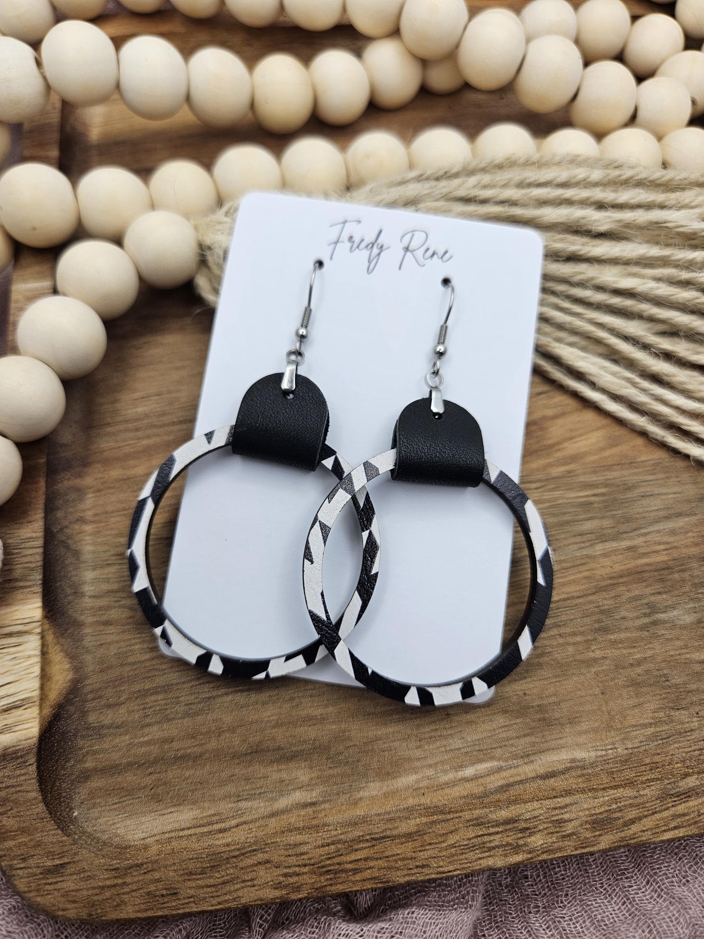 Black & White Leather and Wood Hoop Earrings