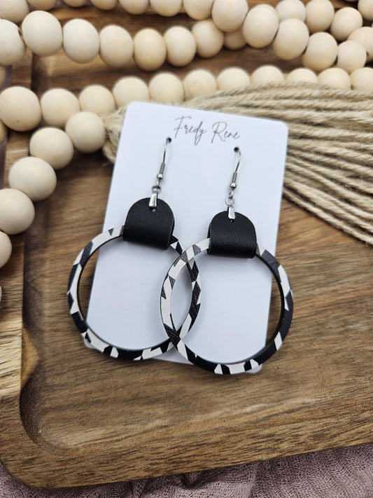 Black & White Leather and Wood Hoop Earrings