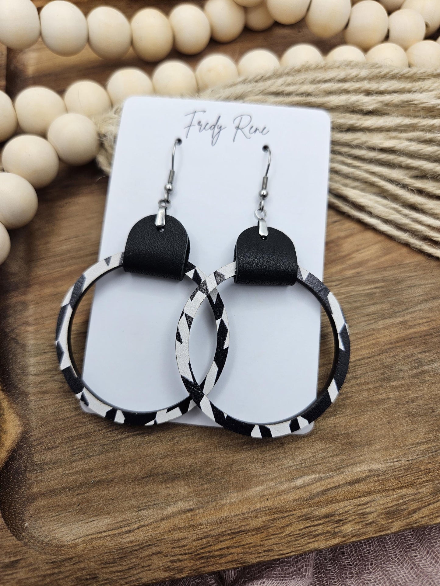 Black & White Leather and Wood Hoop Earrings