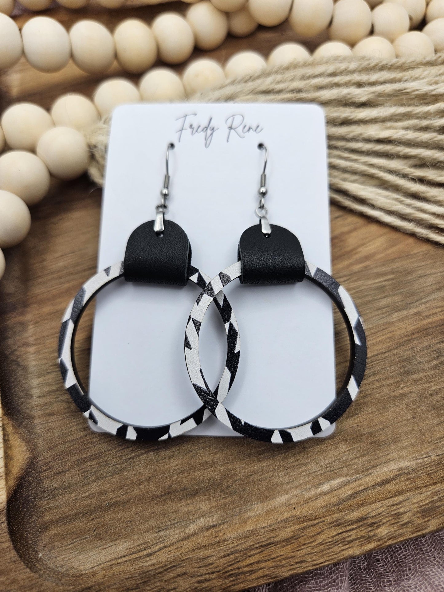 Black & White Leather and Wood Hoop Earrings