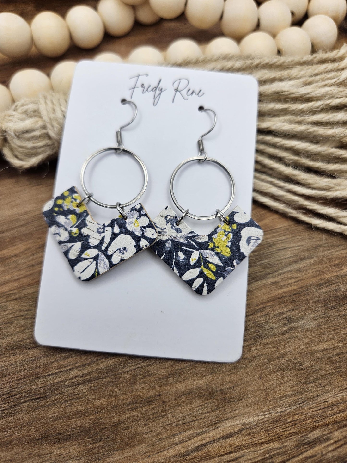 Blue & White Floral Cork Earrings with Genuine Leather Backing
