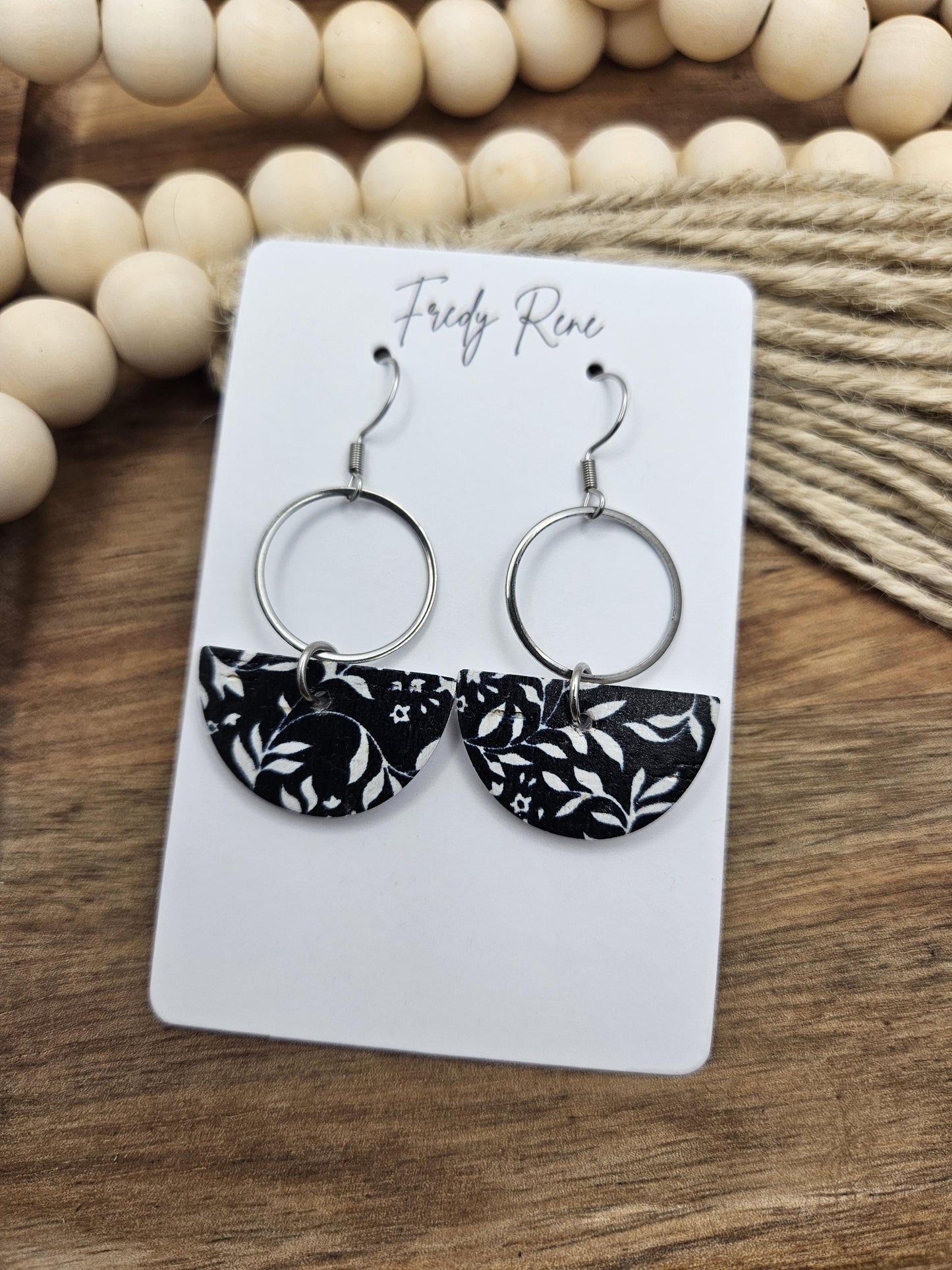 Black & White Floral Cork Earrings with Genuine Leather Backing