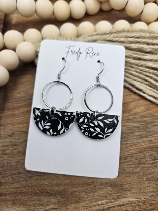 Black & White Floral Cork Earrings with Genuine Leather Backing