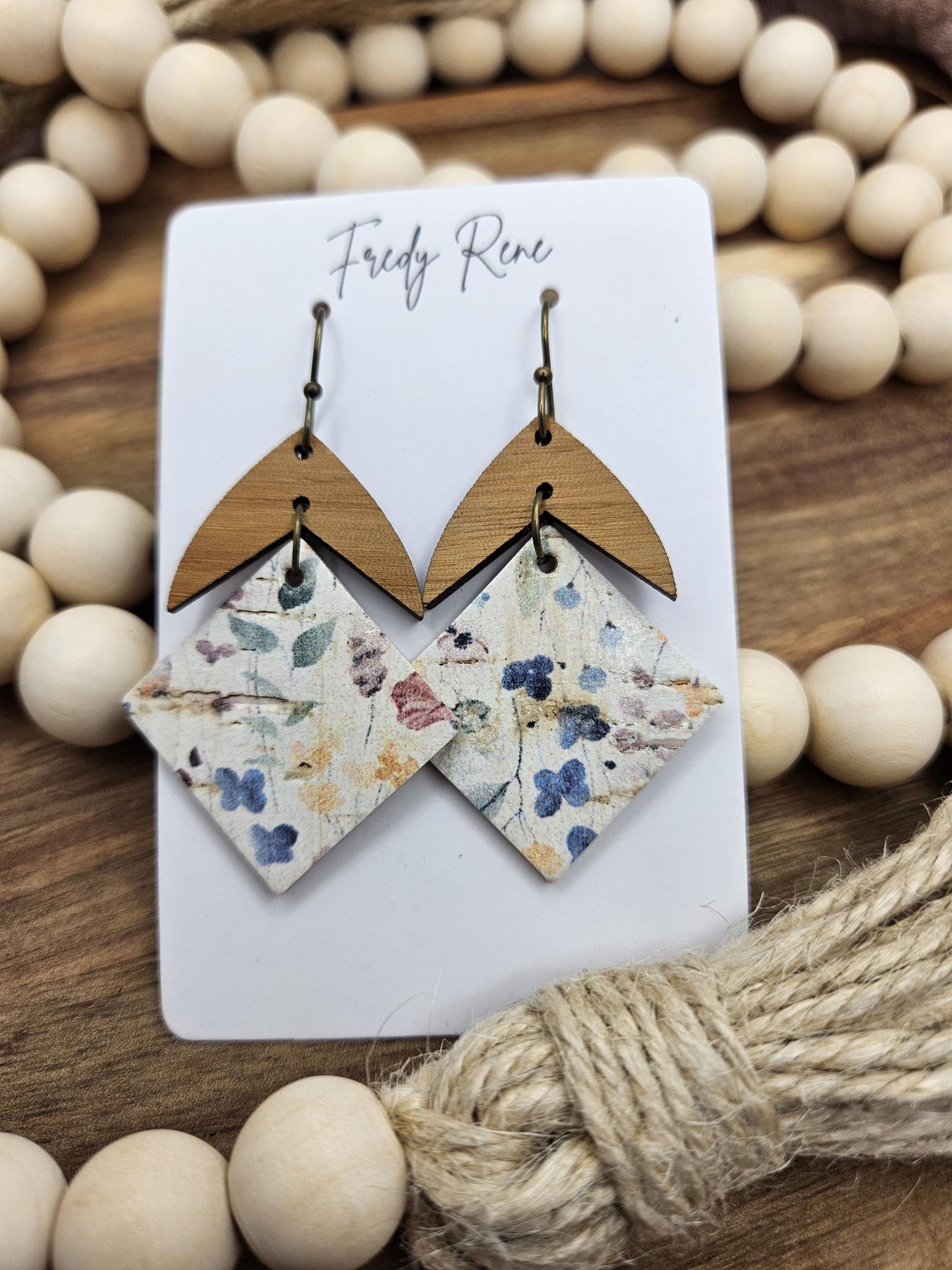 Handcrafted Floral Cork Earrings with Genuine Leather Backing and Wood Accent