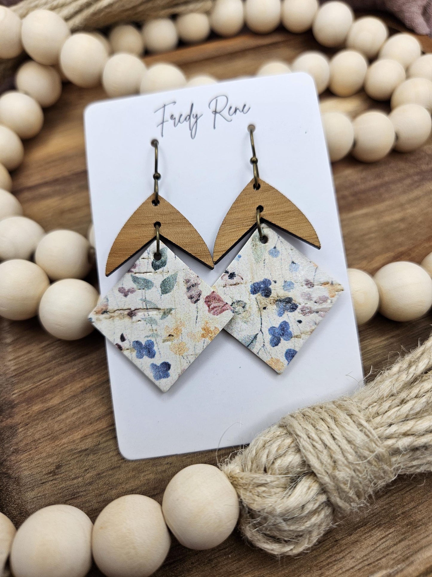 Handcrafted Floral Cork Earrings with Genuine Leather Backing and Wood Accent