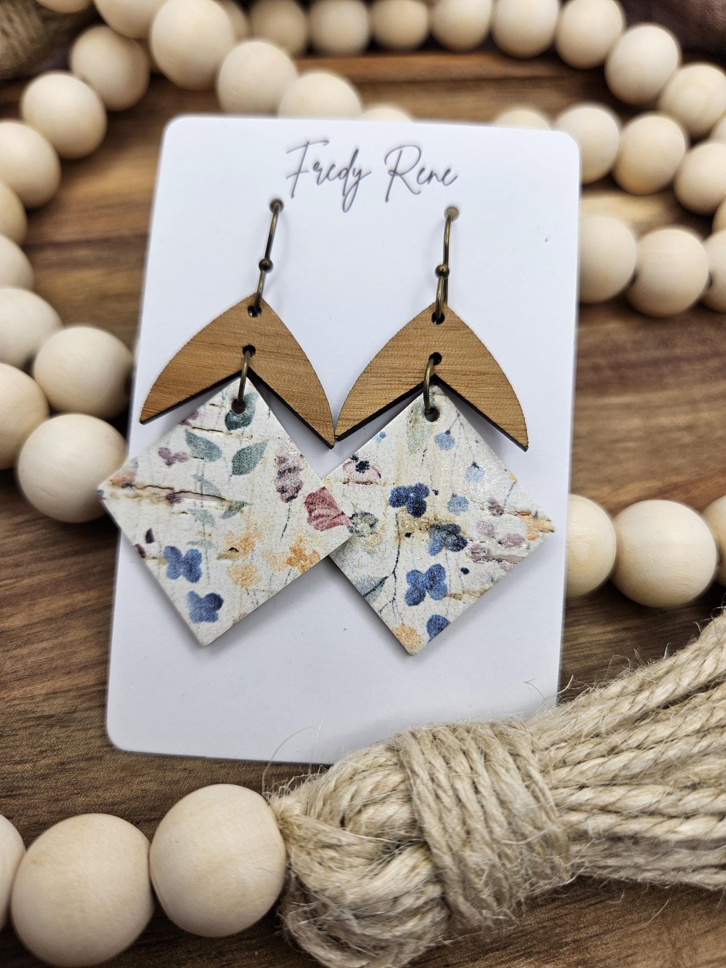 Handcrafted Floral Cork Earrings with Genuine Leather Backing and Wood Accent