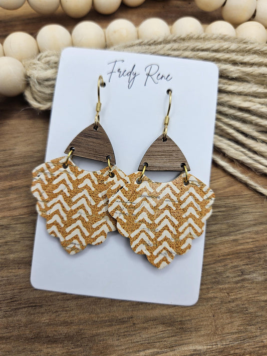 Handcrafted Mustard Chevron Scalloped Cork Earrings with Genuine Leather Backing and Wood Accent