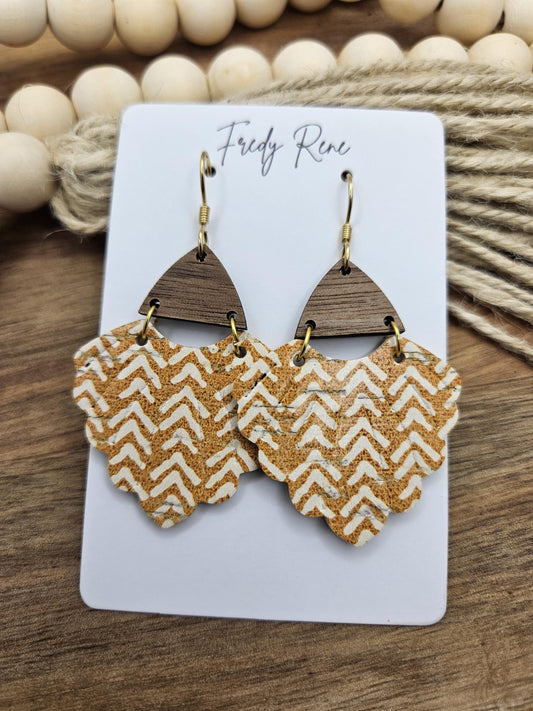Handcrafted Mustard Chevron Scalloped Cork Earrings with Genuine Leather Backing and Wood Accent