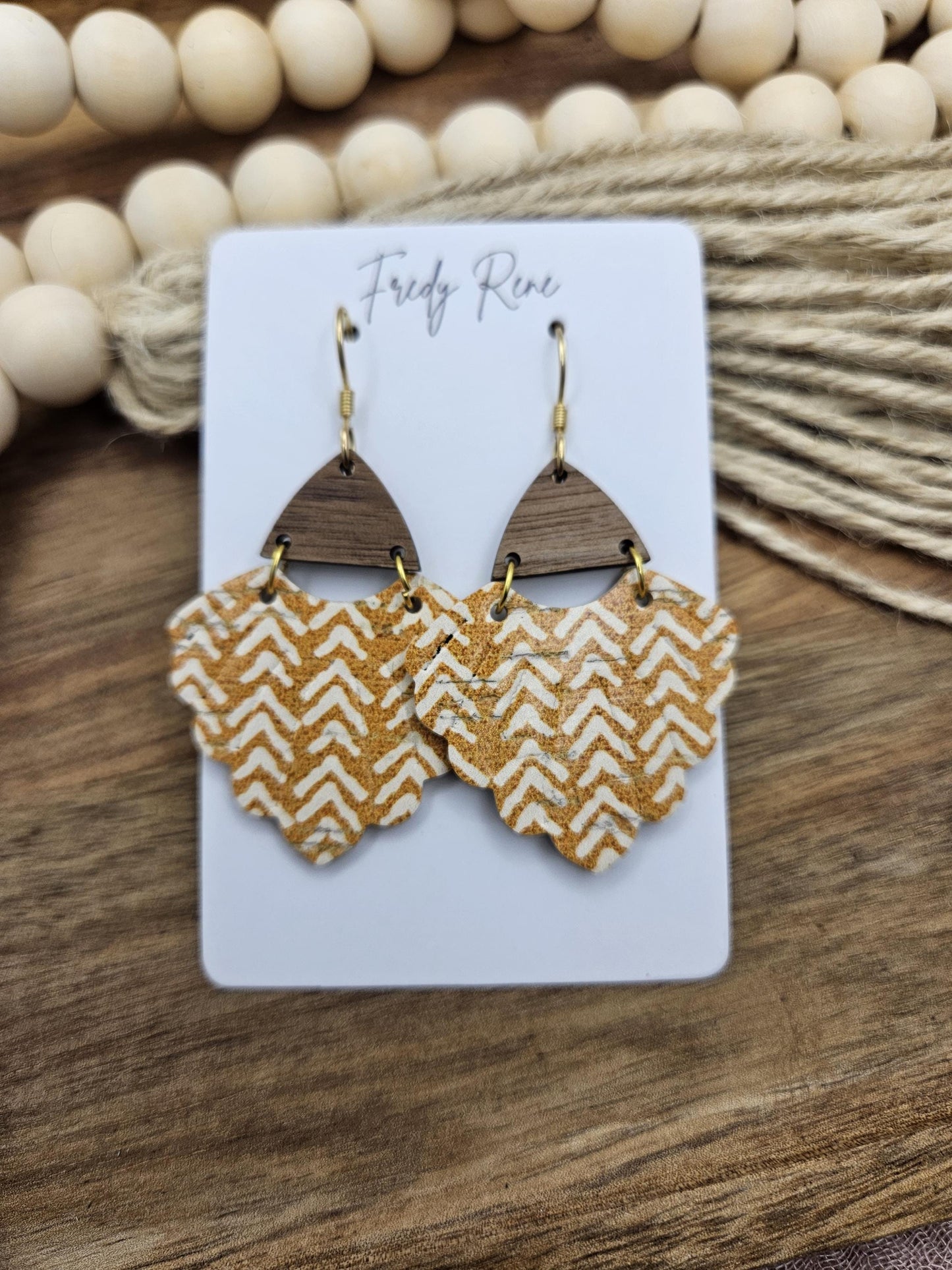 Handcrafted Mustard Chevron Scalloped Cork Earrings with Genuine Leather Backing and Wood Accent