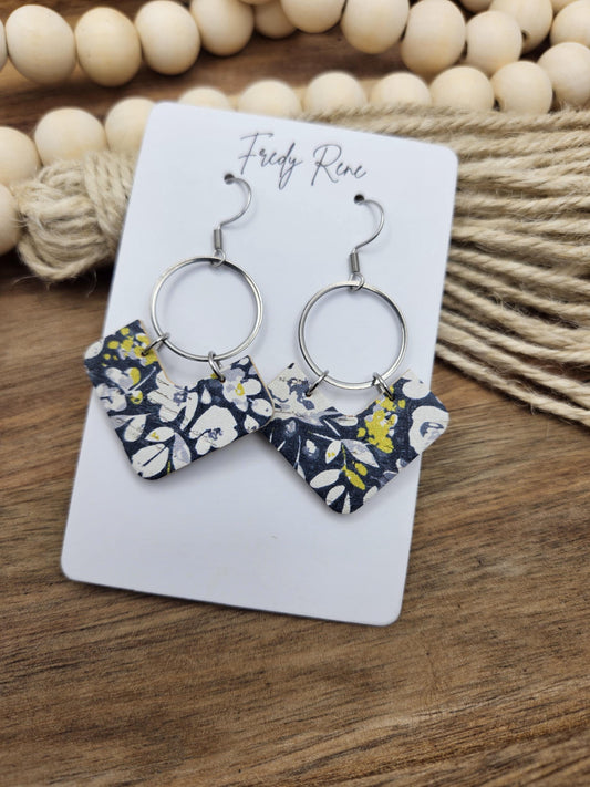 Blue & White Floral Cork Earrings with Genuine Leather Backing