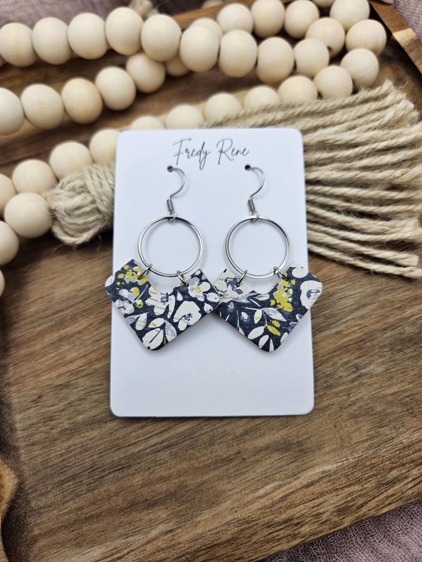 Blue & White Floral Cork Earrings with Genuine Leather Backing