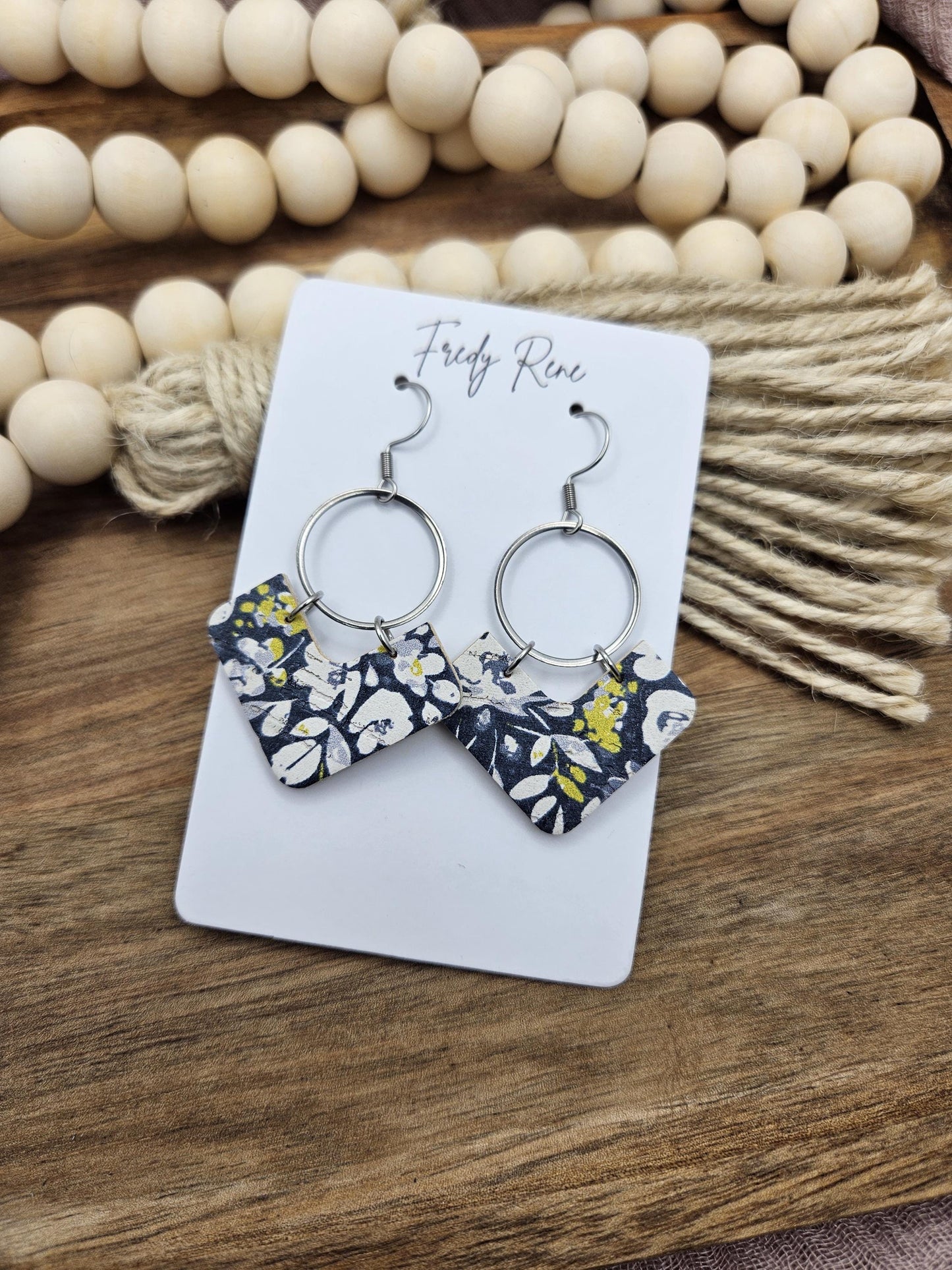 Blue & White Floral Cork Earrings with Genuine Leather Backing