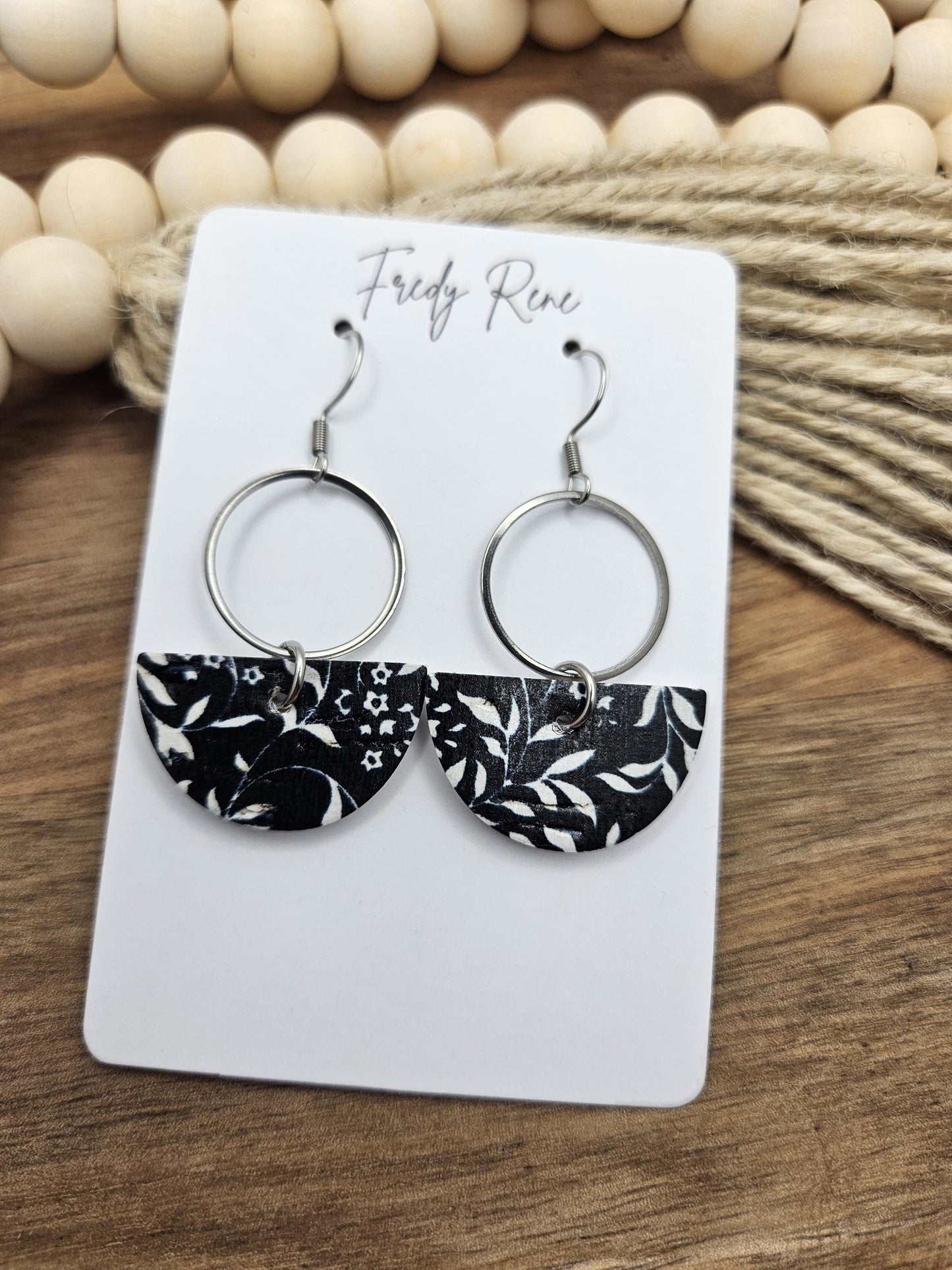 Black & White Floral Cork Earrings with Genuine Leather Backing