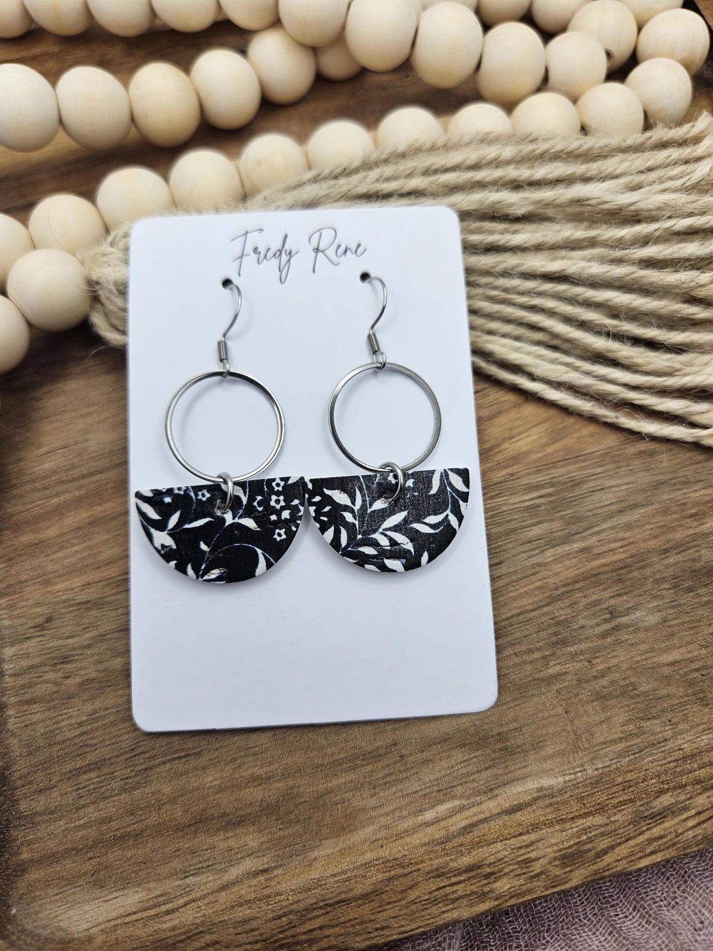 Black & White Floral Cork Earrings with Genuine Leather Backing