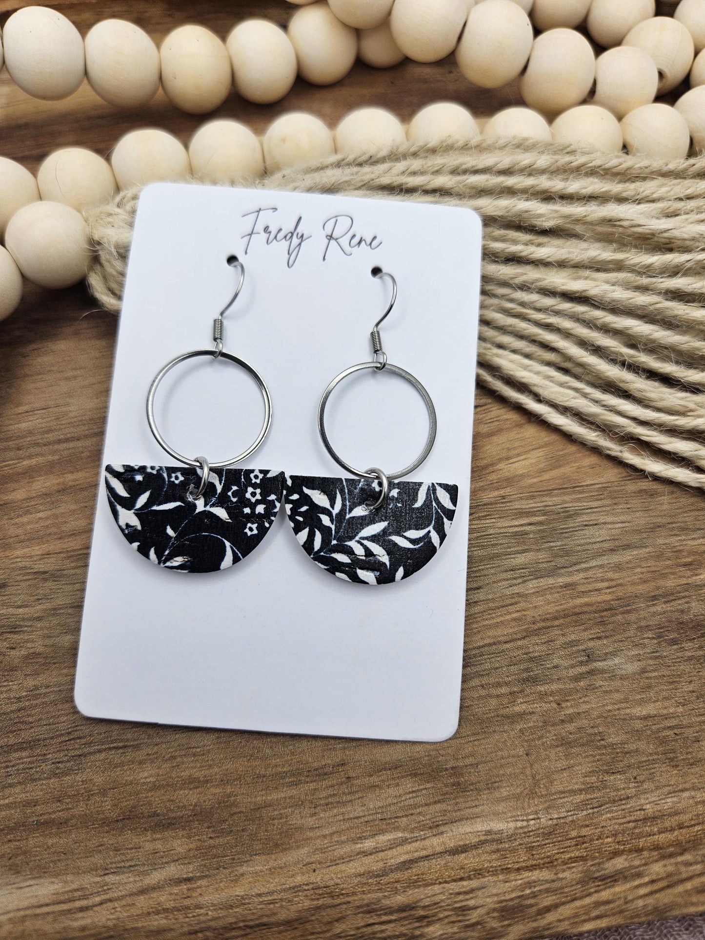 Black & White Floral Cork Earrings with Genuine Leather Backing