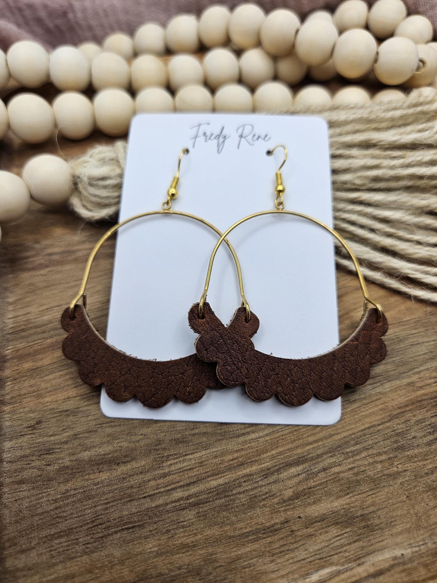 Brown Genuine Leather Earrings with Brass Arch, Trendy Boho Earrings