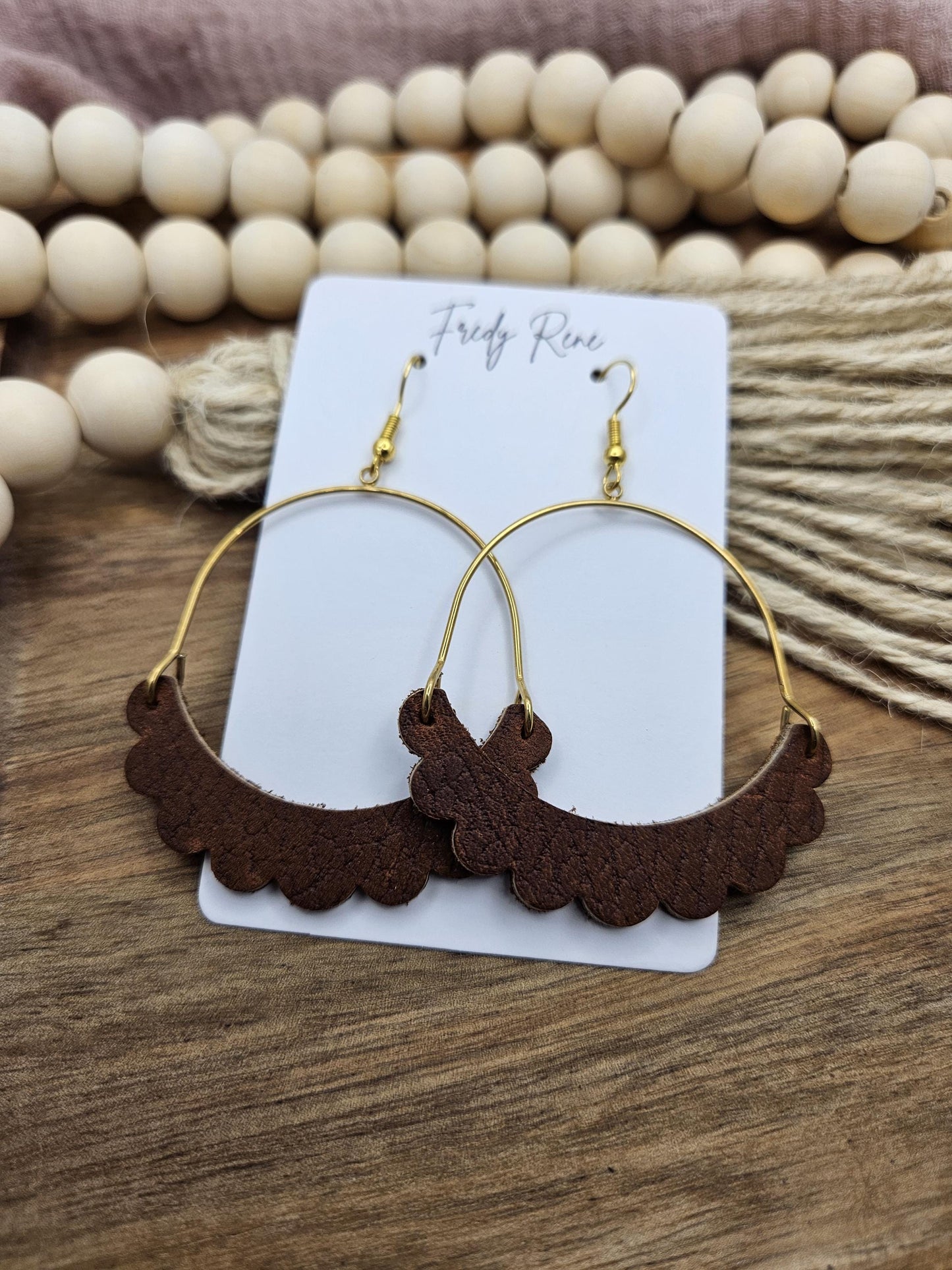Brown Genuine Leather Earrings with Brass Arch, Trendy Boho Earrings