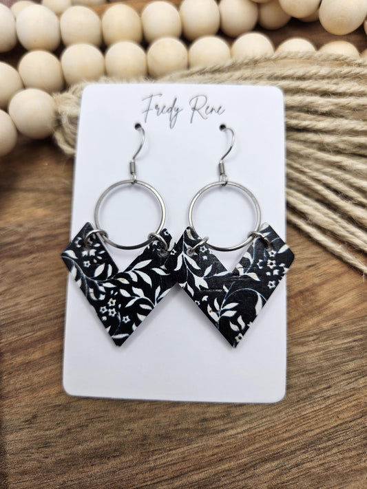 Cork Earrings, Genuine Leather Backing, Black and White Floral