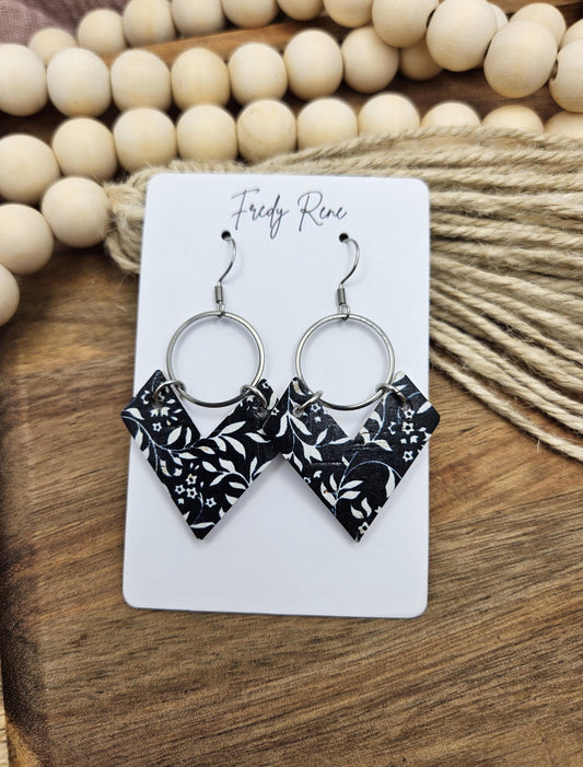Cork Earrings, Genuine Leather Backing, Black and White Floral