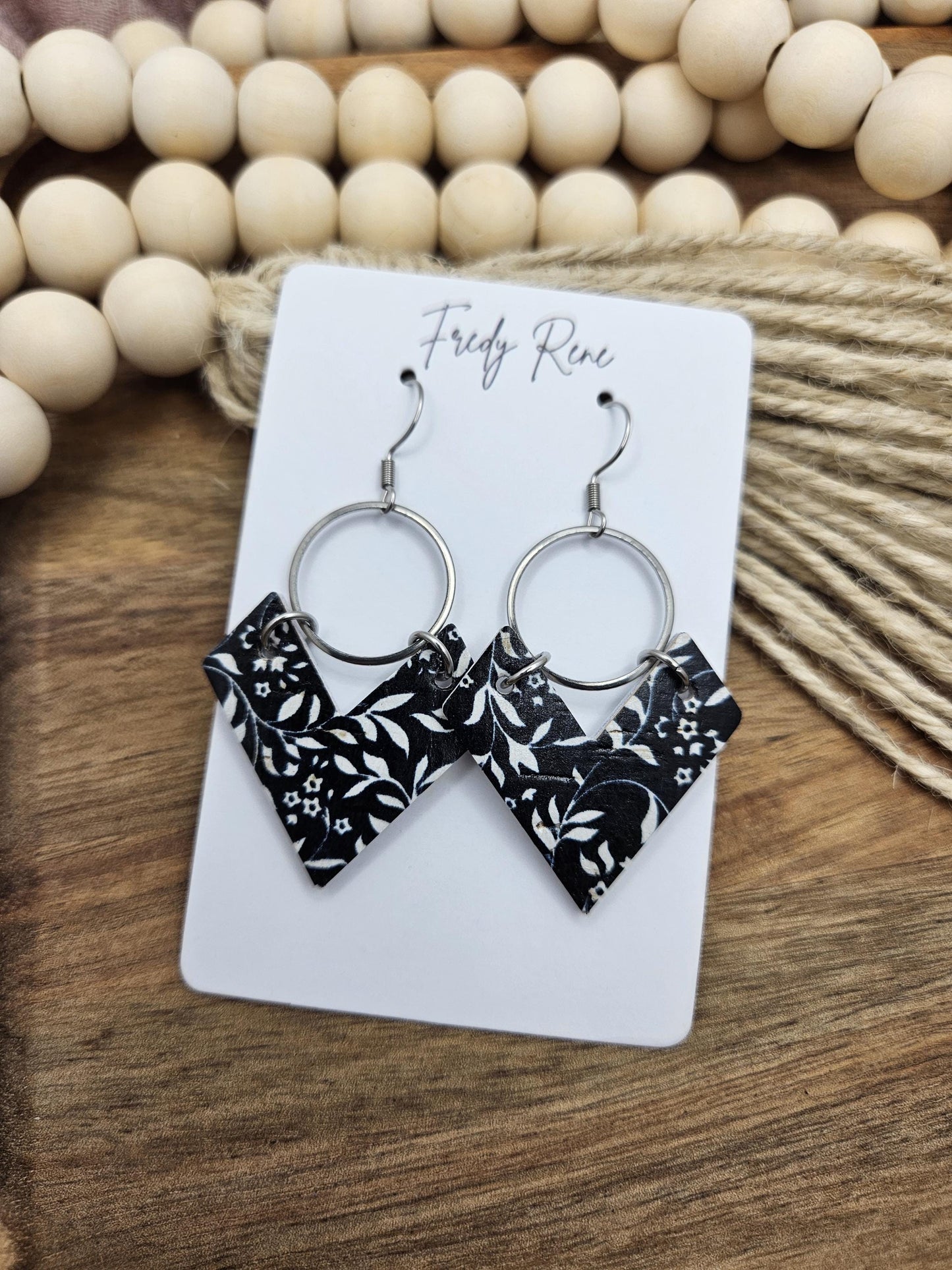 Cork Earrings, Genuine Leather Backing, Black and White Floral