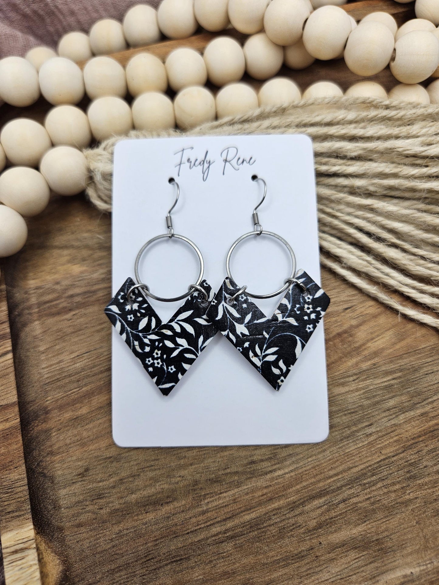 Cork Earrings, Genuine Leather Backing, Black and White Floral