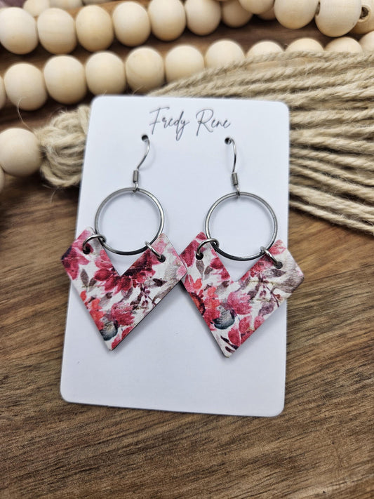 Cork Earrings, Genuine Leather Backing, Bright Pink Floral
