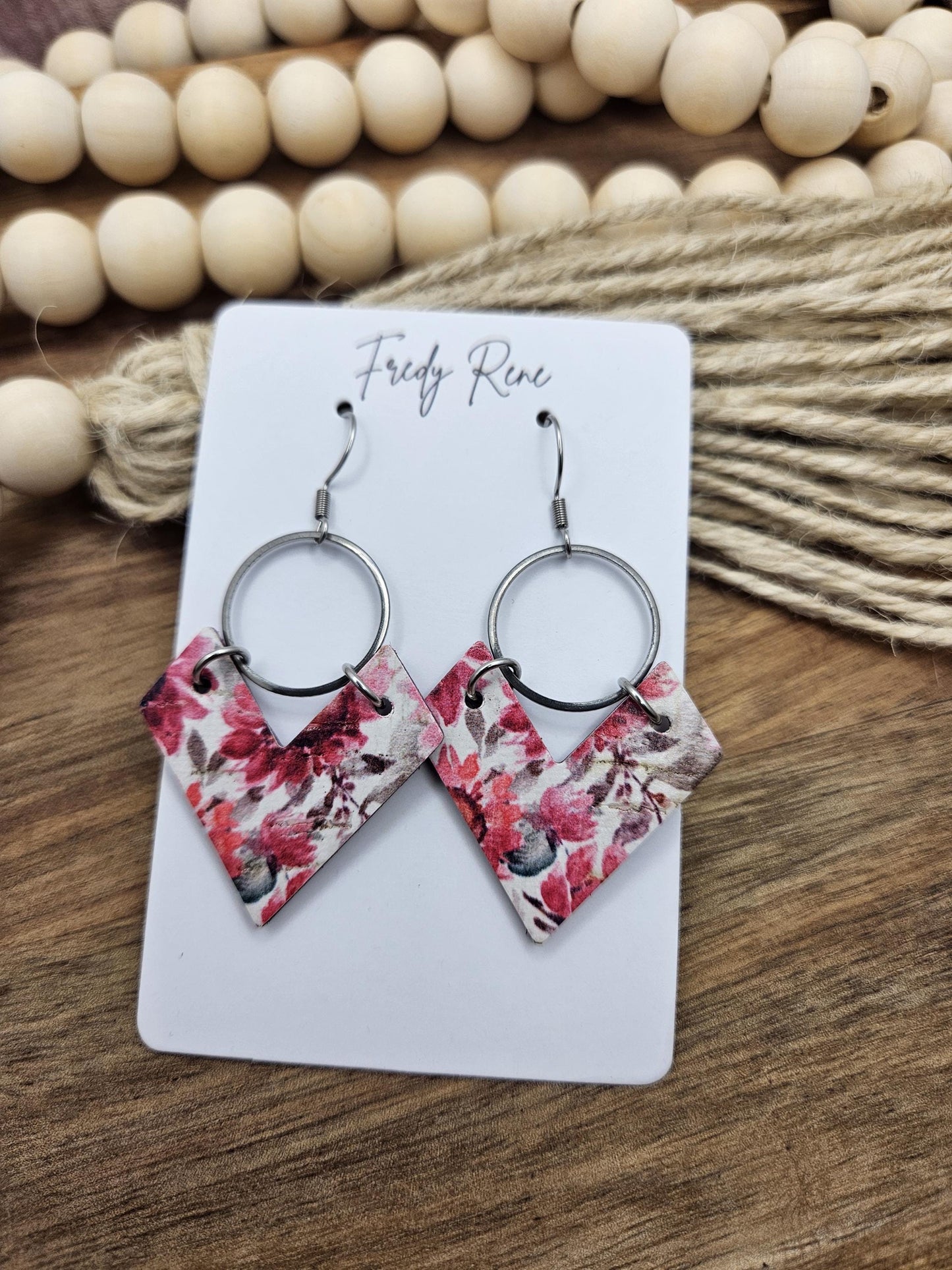 Cork Earrings, Genuine Leather Backing, Bright Pink Floral