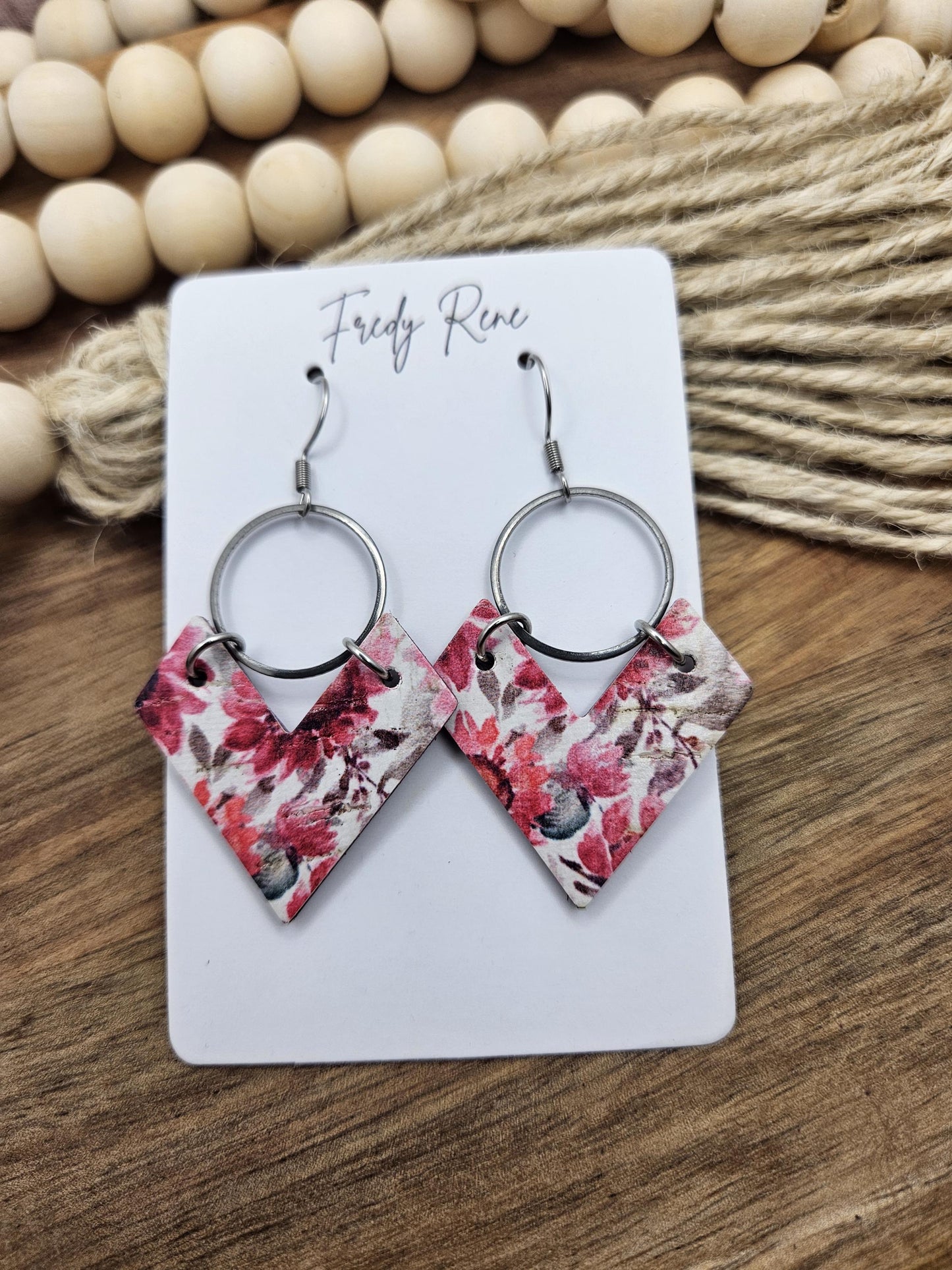 Cork Earrings, Genuine Leather Backing, Bright Pink Floral