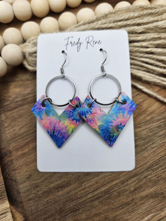 Cork Earrings, Genuine Leather Backing, Colorful Tie-Dyed