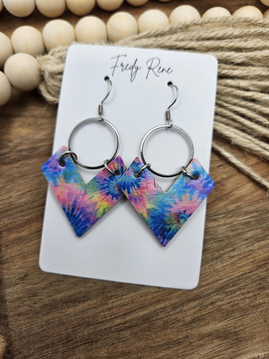 Cork Earrings, Genuine Leather Backing, Colorful Tie-Dyed