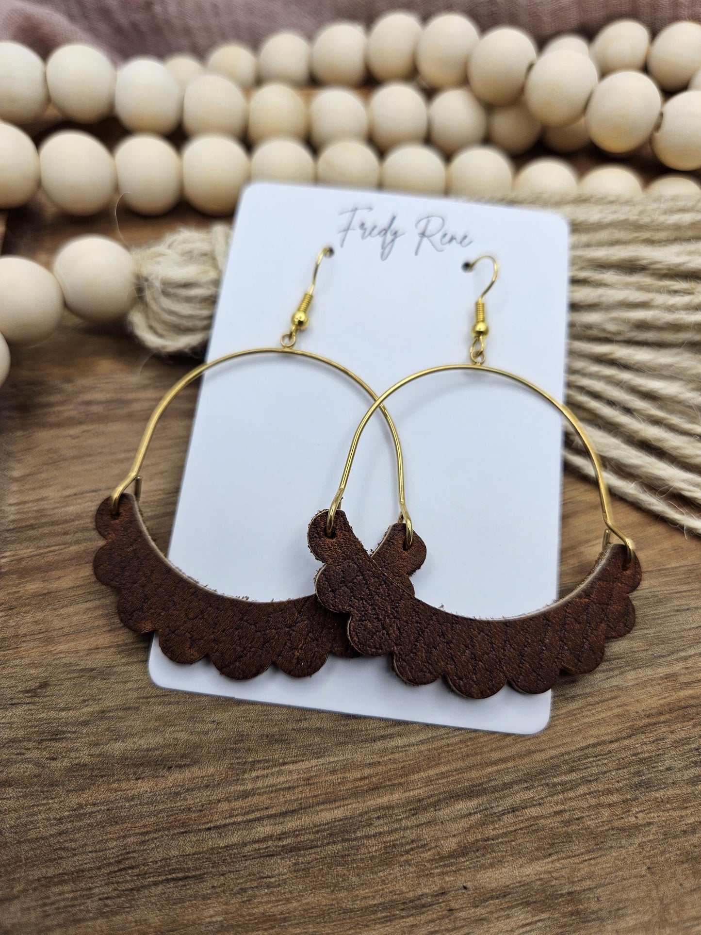 Brown Genuine Leather Earrings with Brass Arch, Trendy Boho Earrings