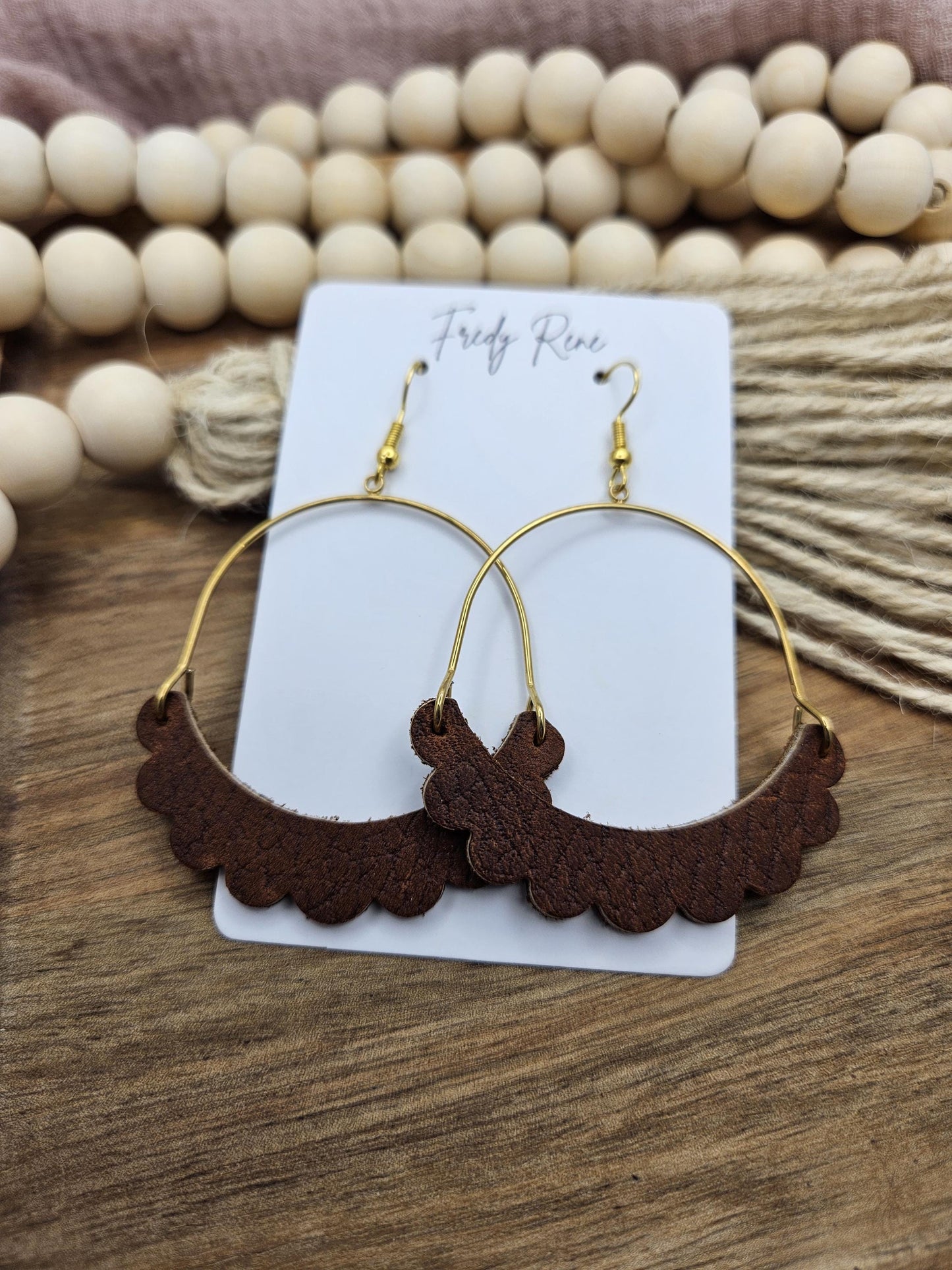 Brown Genuine Leather Earrings with Brass Arch, Trendy Boho Earrings